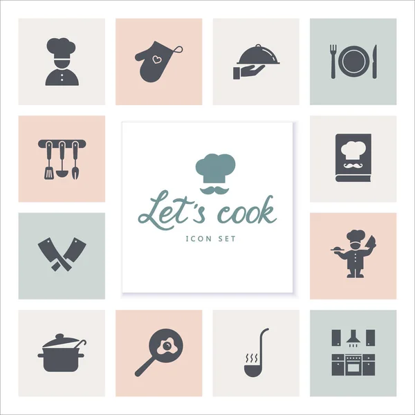 Conjunto de iconos sobre el tema de la cocina, herramientas de cocina, logotipos y letras . — Archivo Imágenes Vectoriales