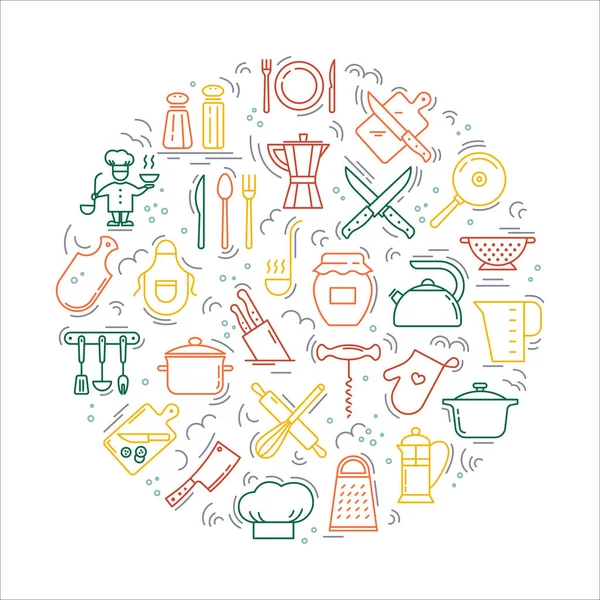 Kochen mit Liebe kreisförmigen Hintergrund von Symbolen zum Thema Küche und Kochen. — Stockvektor