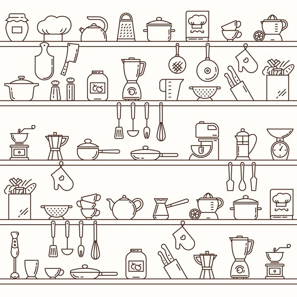 Seamless horizontal pattern with kitchen shelves full of various kitchen items and tools. — Stock Vector