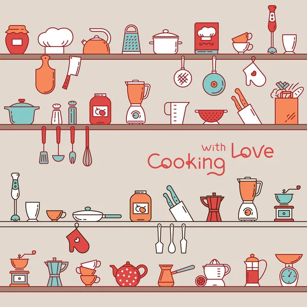 Sömlös horisontellt mönster med kök hyllor fulla av olika kök objekt och verktyg. — Stock vektor