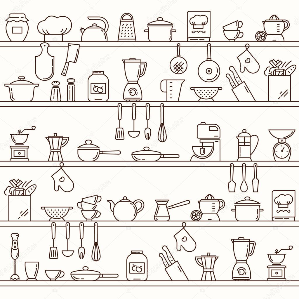 Seamless horizontal pattern with kitchen shelves full of various kitchen items and tools.