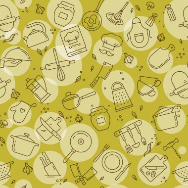 An original seamless pattern on the kitchen theme with a variety of kitchen items. clipart