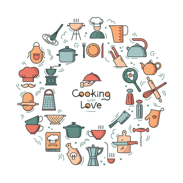 Matlagning med kärlek rund bakgrund från ikoner på temat kök och matlagning med bokstäver. — Stock vektor