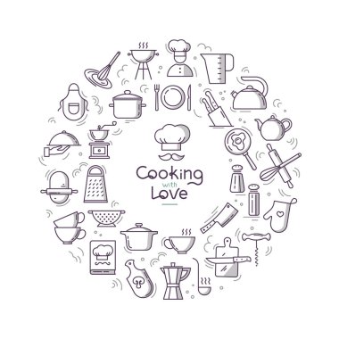 Cooking with love circular Background from line style flat icons on the theme of the kitchen and cooking with lettering. clipart
