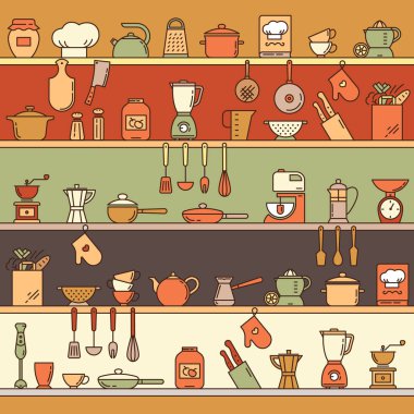 Seamless pattern with kitchen shelves full of various kitchen items and tools. clipart