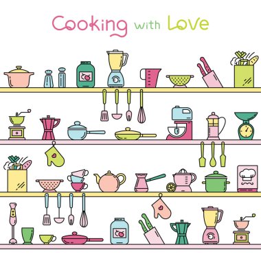 Seamless horizontal pattern with kitchen shelves full of various kitchen items and tools. clipart