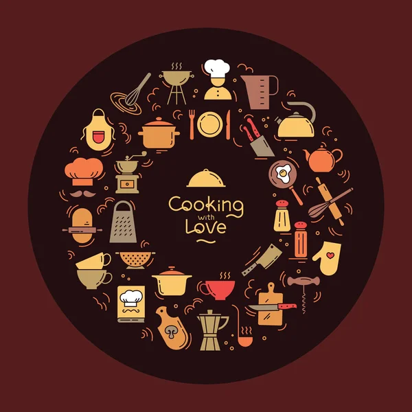 Cozinhar com amor circular Fundo de ícones sobre o tema da cozinha e cozinhar com letras . —  Vetores de Stock