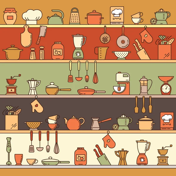 Seamless pattern with kitchen shelves full of various kitchen items and tools.