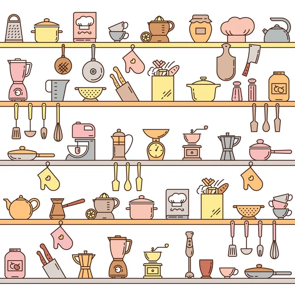 Vzor bezešvé s kuchyňské police plné různých kuchyňských předmětů a nástrojů. — Stockový vektor