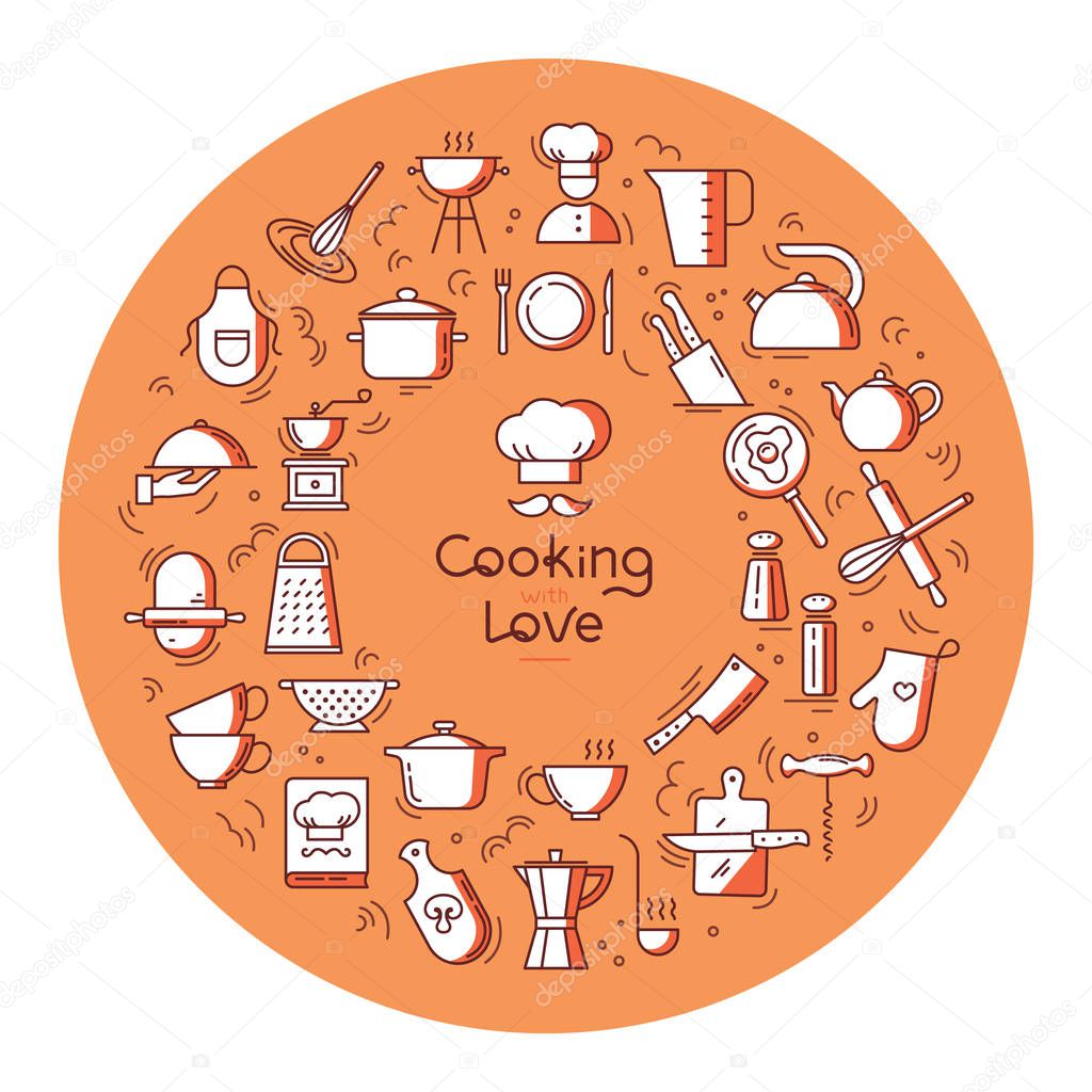 Circular cooking with love Background from icons on the theme of the kitchen and cooking with lettering or place for text.