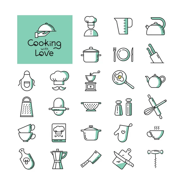Ensemble d'icônes de cuisine deux couleurs pixel-parfait dans le style de ligne isolé sur le fond blanc . — Image vectorielle