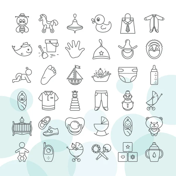 Conjunto de juguetes para bebés e iconos de ropa aislados en un fondo blanco — Vector de stock