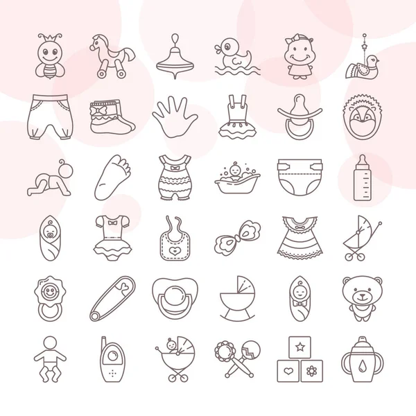 Aantal baby speelgoed en kleren pictogrammenset geïsoleerd op een witte backgr — Stockvector