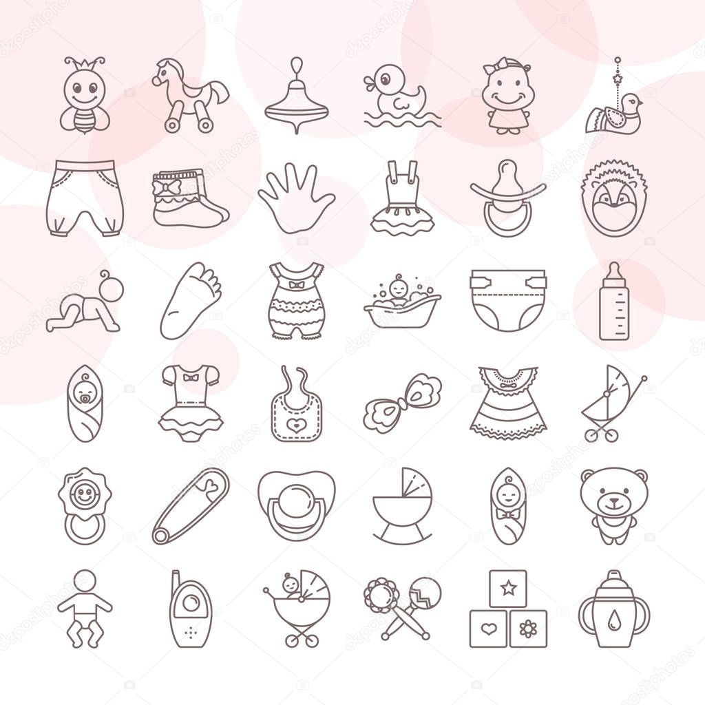 Set of baby toys and clothes icon set isolated on a white backgr