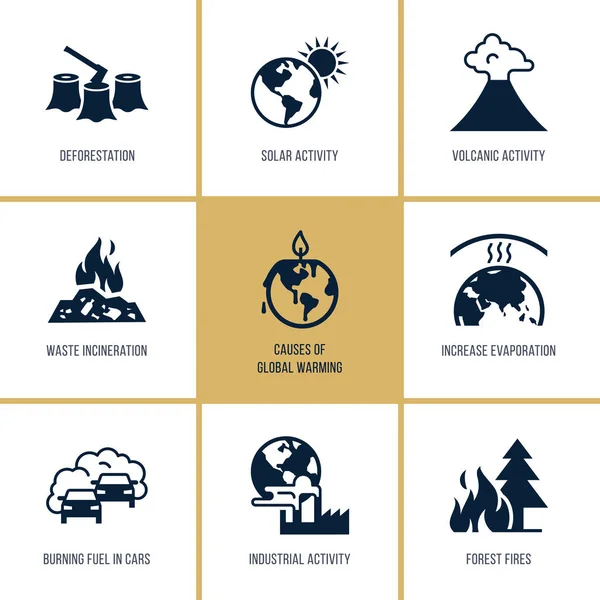 Iconos vectoriales del calentamiento global sobre el tema de los problemas de ecología de nuestro planeta en su conjunto para presentaciones . — Vector de stock