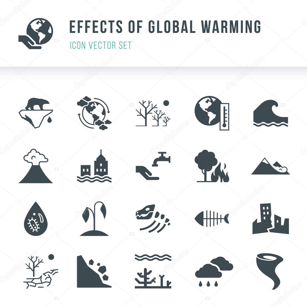 Set of global warming icons. Natural disasters caused by climate change.