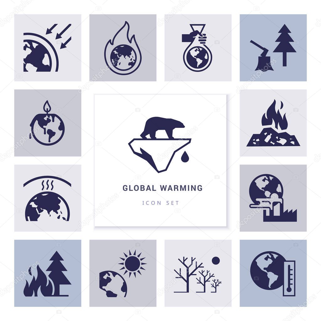 Global warming vector icons on the theme of ecology problems of our planet as a whole.