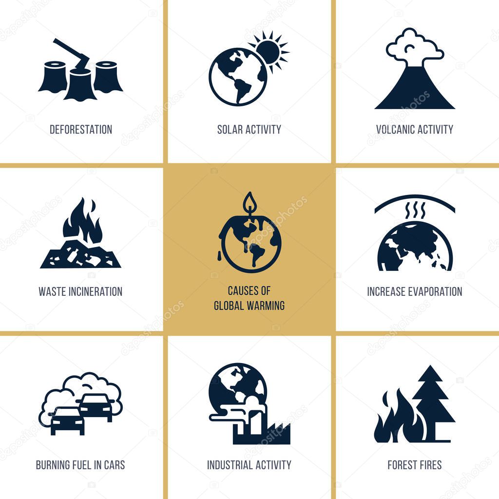 Global warming vector icons on the theme of ecology problems of our planet as a whole for presentations.