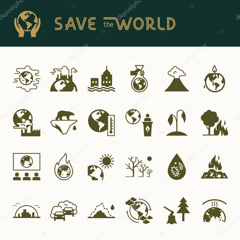 Different variants of environmental icons on the theme of ecology in flat style isolated on background.