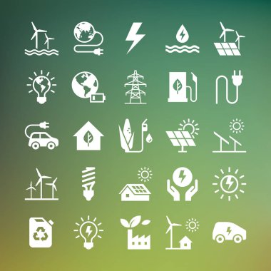 Koyu arka planda yalıtılmış düz tarzda eko vektör simgeleri kümesi.