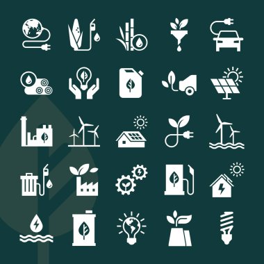 Koyu arka planda yalıtılmış düz tarzda eko vektör simgeleri kümesi.