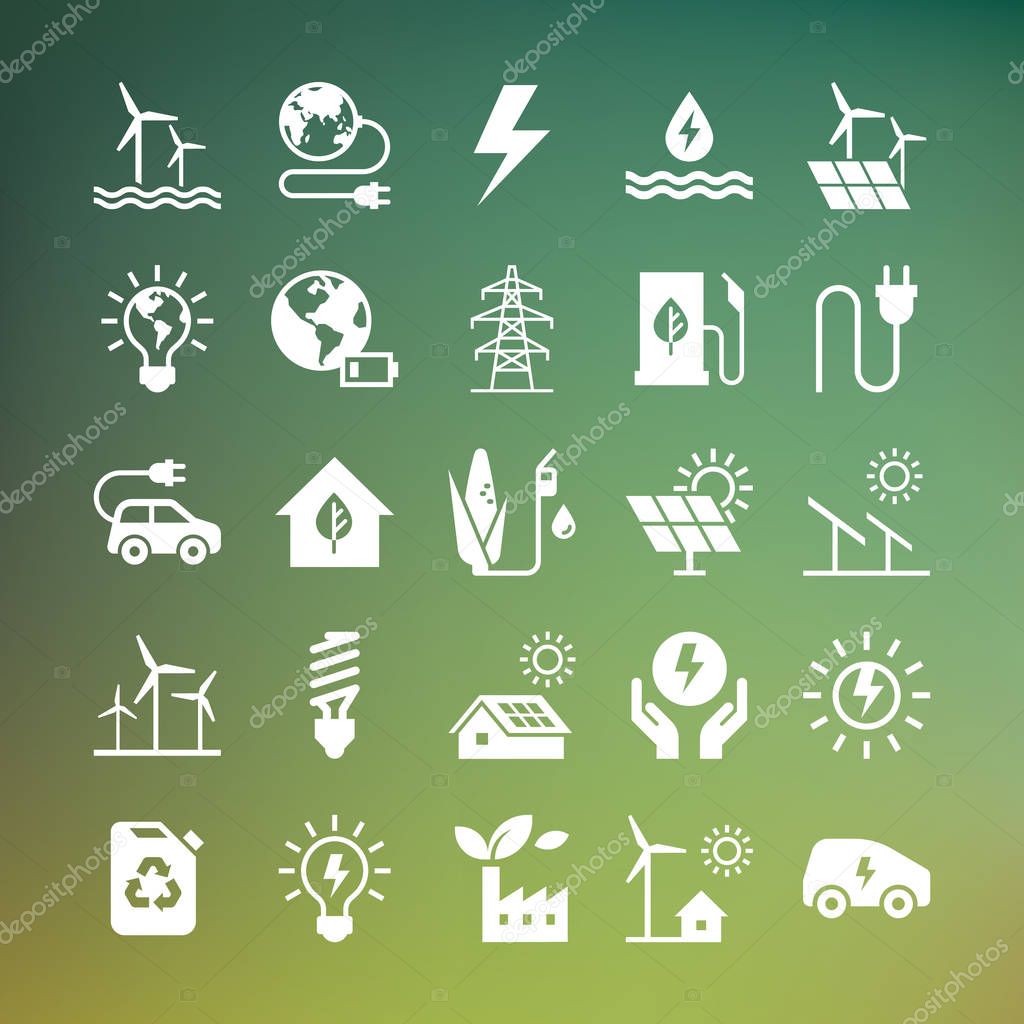 Eco collection with various icons on the theme of ecology and green energy. Isolated, editable and scalable icons. Set of eco vector icons in flat style isolated on dark background.
