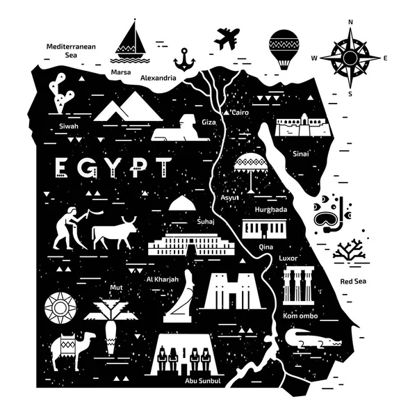 Mısır anahat ve siluet haritası - vektör illüstrasyon el siyah çizgilerle çizilmiş — Stok Vektör