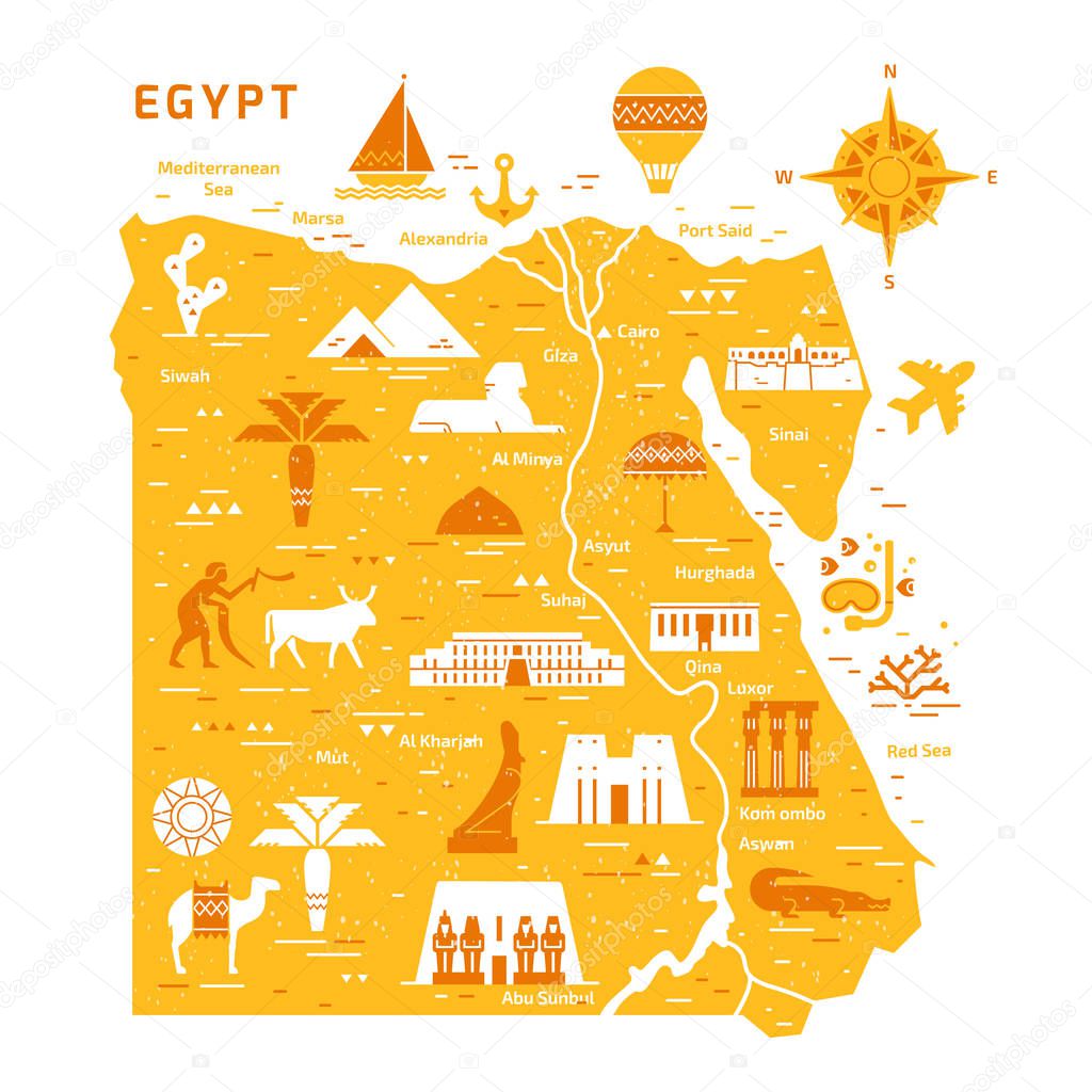 Outline and silhouette map of Egypt - vector illustration hand drawn with black lines