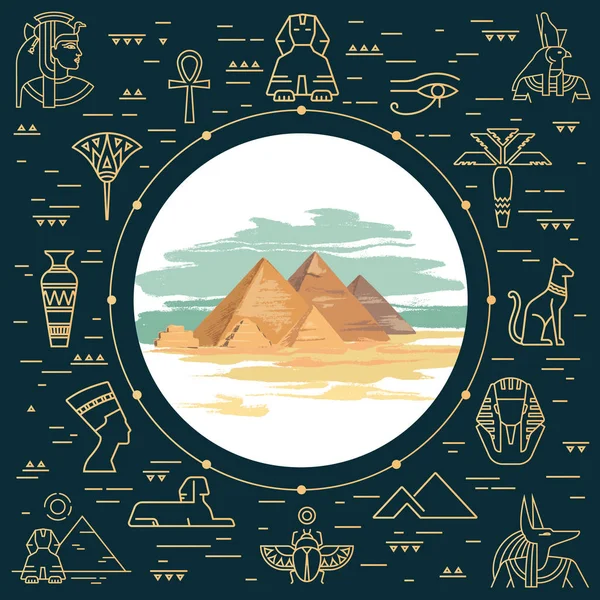 Giza piramidinin renkli vektör illüstrasyon, Mısır elle çizilmiş ve simgeleri simgeleri — Stok Vektör