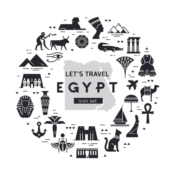 Okrągły wzór wypełniony ikon na temat zabytków i symboli Egiptu. — Wektor stockowy