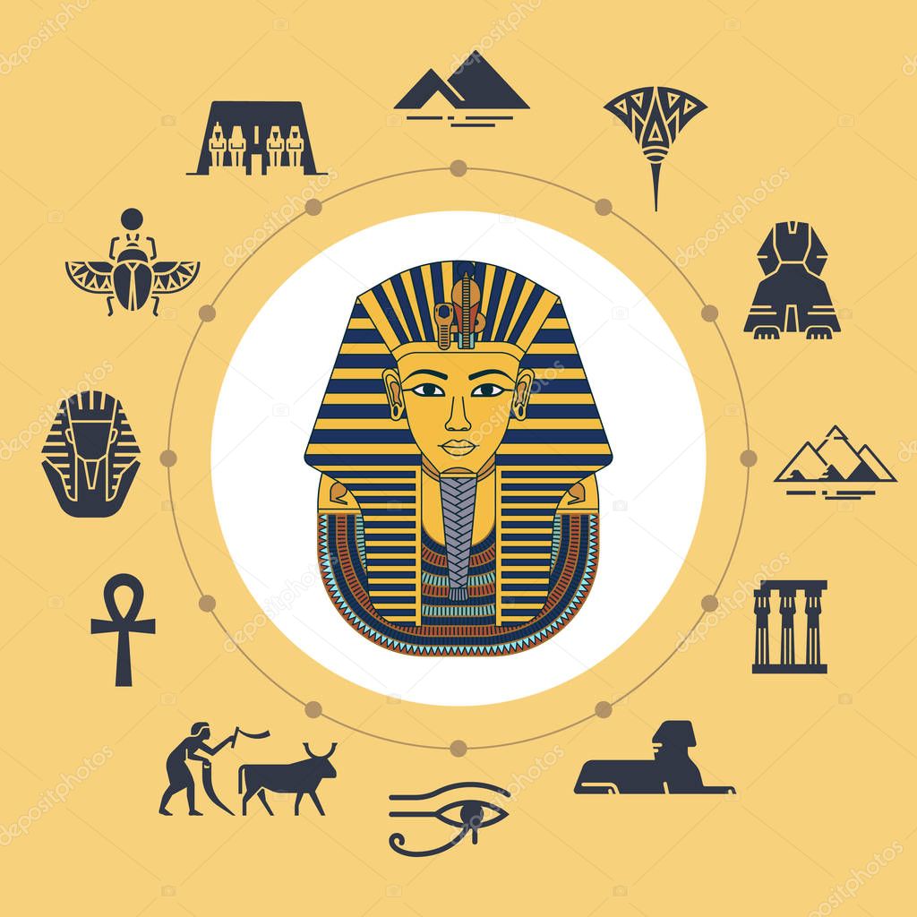 Vector illustration of Tutankhamen masks with various icons of sights and symbols of Egypt.