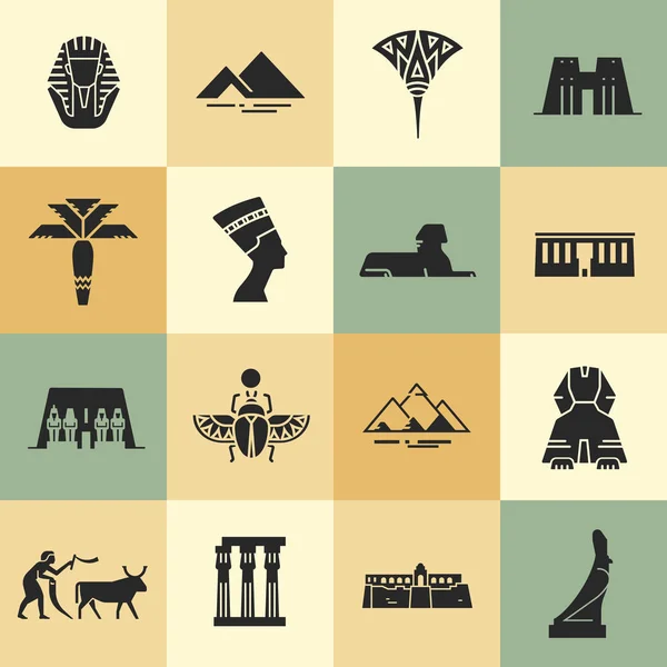 Símbolos egipcios, monumentos y celebridades en iconos de estilo plano . — Archivo Imágenes Vectoriales