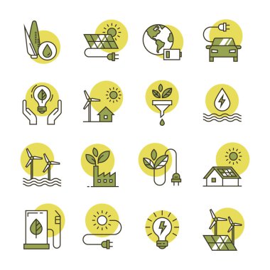 Düz bir tarzda yapılan ve çeşitli renklerde beyaz arka plan üzerinde izole edilmiş enerji simgelerini temizleyin.