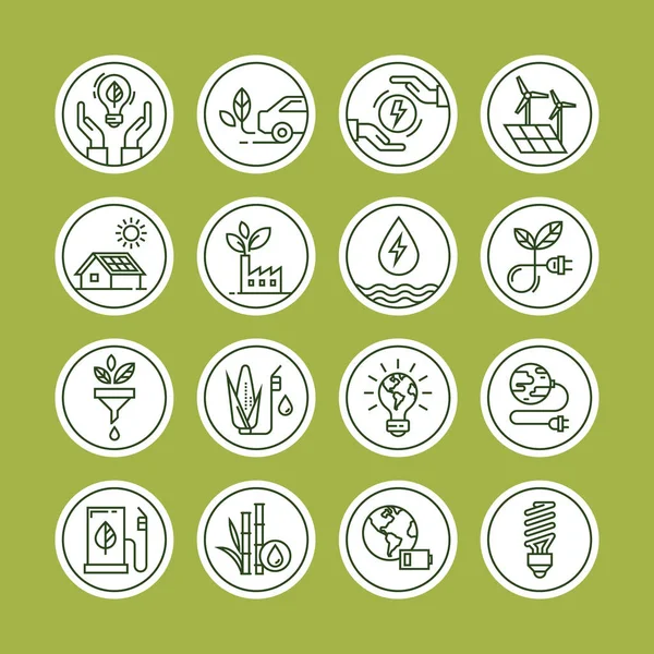 Green energy icon set in line style. — Stock Vector