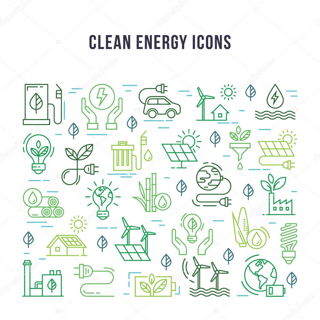 Set of linear icons on the theme of clean energy.