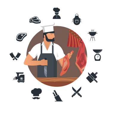 İş yerinde sakallı kasaplar artı düz simgeler kümesi ile kasap dükkanı için Vektör illüstrasyon logosu.