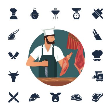 İş yerinde sakallı kasaplar artı düz simgeler kümesi ile kasap dükkanı için Vektör illüstrasyon logosu.