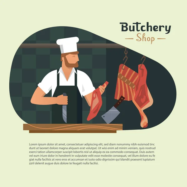 Logotipo de ilustración vectorial para una carnicería con una carnicería barbuda en el trabajo . — Archivo Imágenes Vectoriales