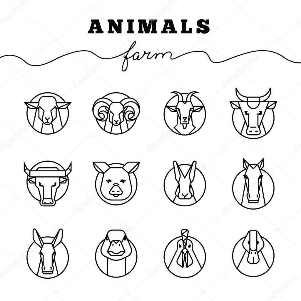 Vector collection of illustrations of farm animals icons in linear style isolated on white background. Reading linear icons of farm animals are perfect for printing as well as for use in logos.