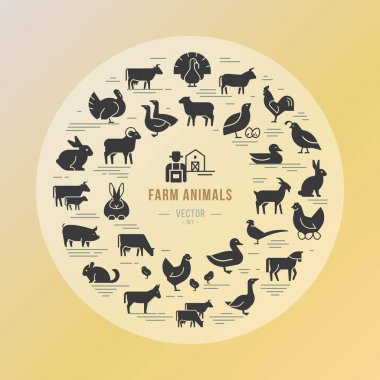 Çiftlik hayvanları silho doğrusal bir tarzda ayarlanmış dairesel vektör simgesi