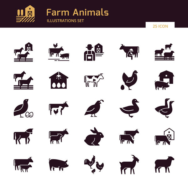 A large vector set of 25 farm and farm animal icons that are gre