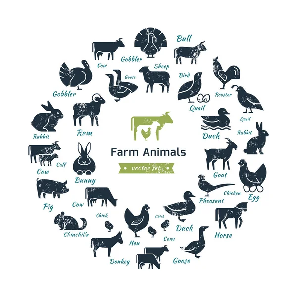 Icono vectorial circular engarzado en un estilo plano de silueta de animales de granja — Archivo Imágenes Vectoriales