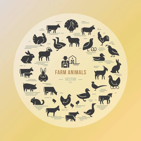 Icono vectorial circular engarzado en un estilo lineal de animales de granja silho — Archivo Imágenes Vectoriales