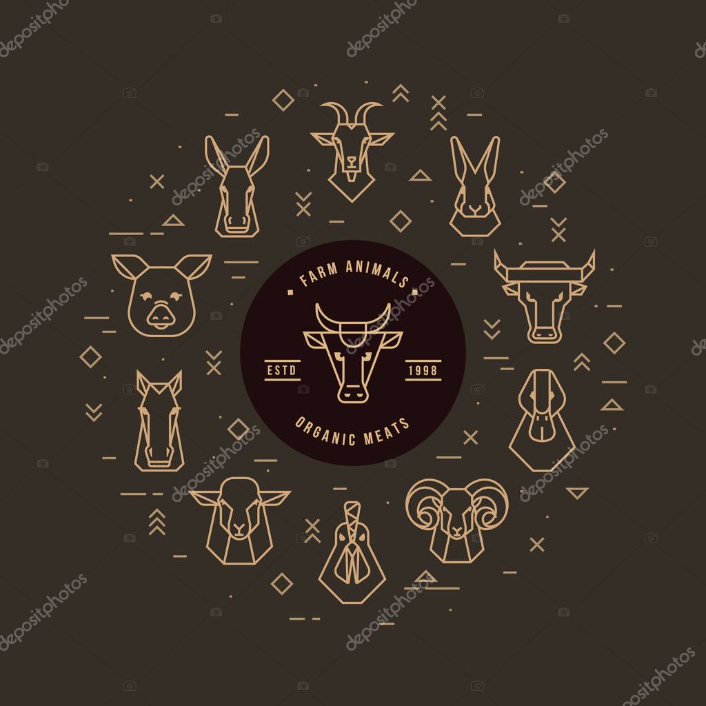 Circular vector set of heads of farm animals that are great for illustrations, infographics and logos of stores or other businesses. Icons isolated on a dark background.
