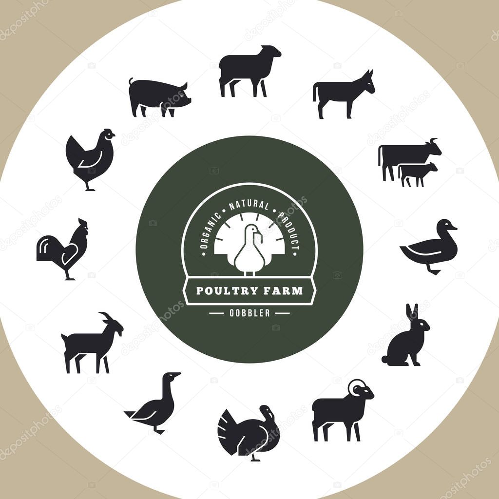 Circular vector icon set in a flat style of farm animals silhouettes. Circular concept of farm animals. With place for text. Icons isolated in white background.