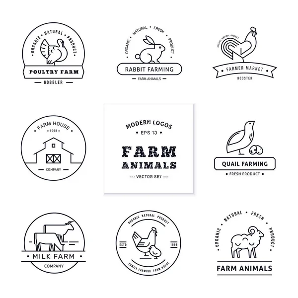 Set med åtta moderna linjära logotyper med gårdsdjur med sp — Stock vektor