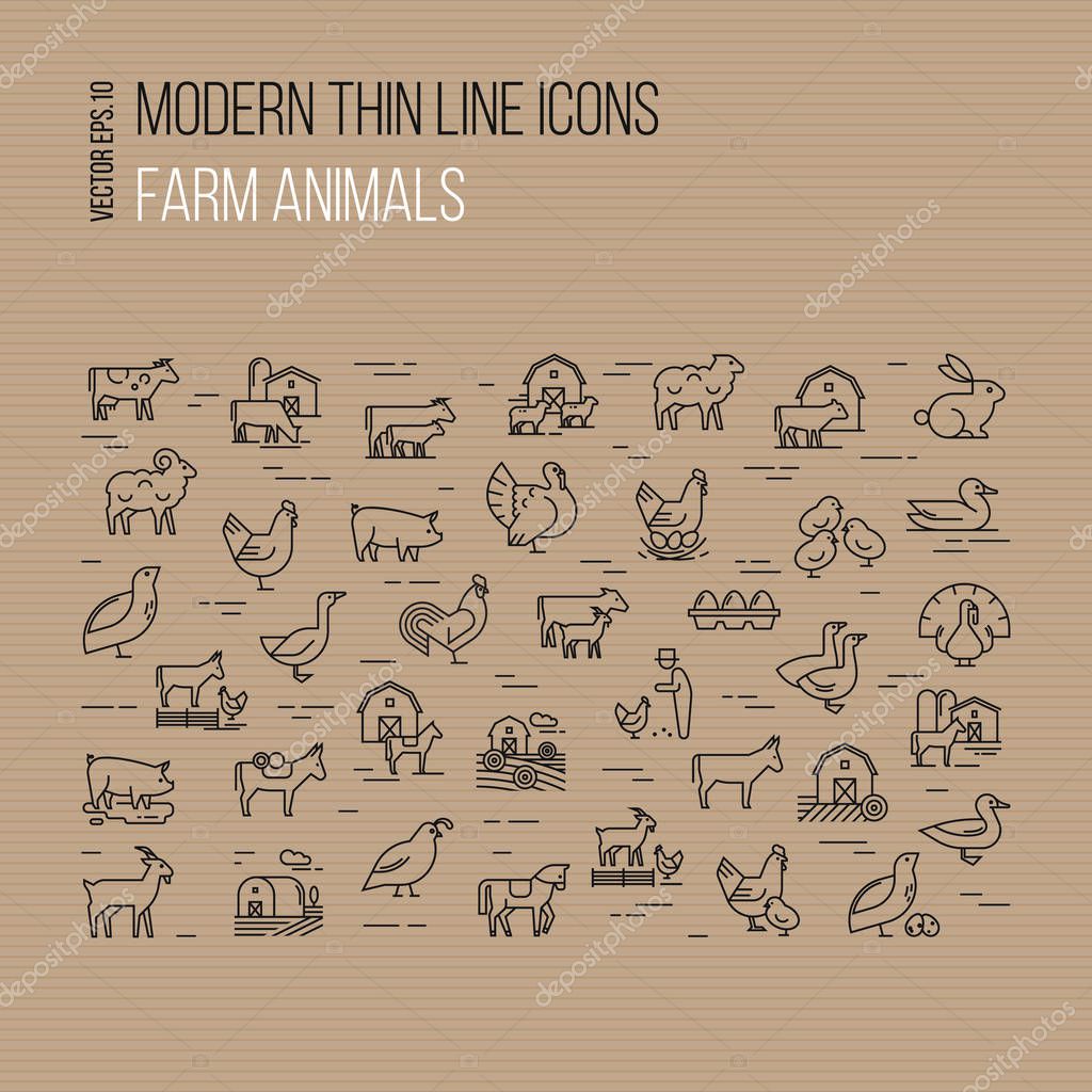 Modern thin line icons set of farm animals isolated on brown background.