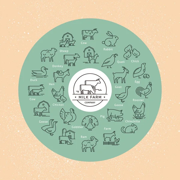 A large circular vector icon set of rural animals in a linear st — ストックベクタ
