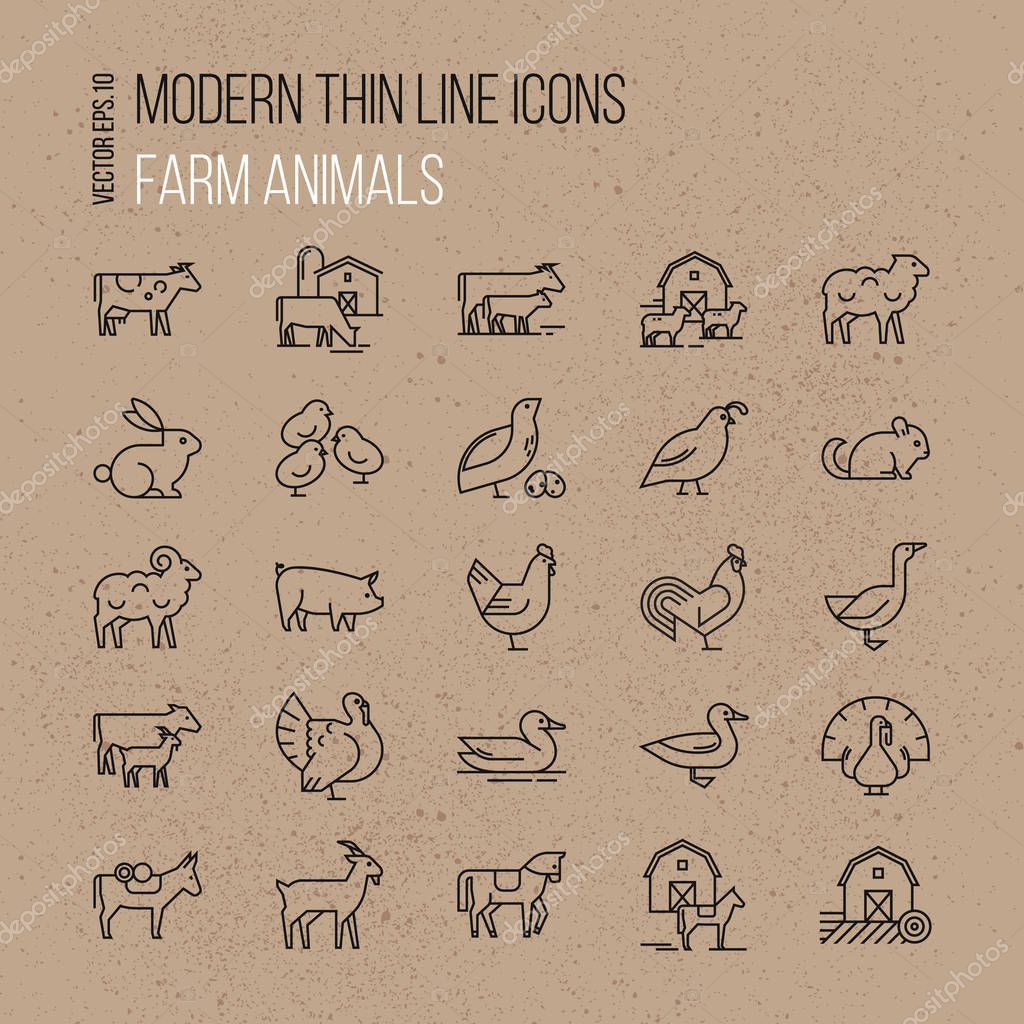 Vector set of farm animals icon set. Collection of illustrations in line style, well-drawn and isolated on brown background.