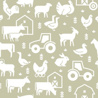 Çiftlik hayvanları, binalar, ekipman ve diğer unsurların dikişsiz vektör deseni